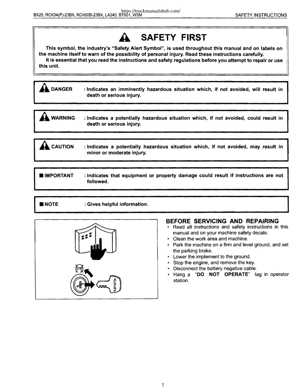 Première page de Kubota Model BX25 Tractor with RCK54(P)-23BX RCK60B-23BX LA240 BT601 Attachments